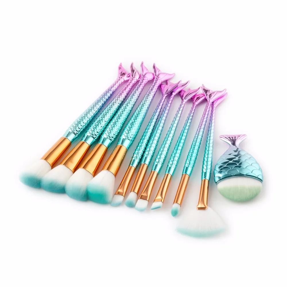 

11PCS Make Up Foundation Eyebrow Eyeliner Blush Cosmetic Concealer Brushes Mermaid Fish Tail Pink Blue Gradient Makeup Brushes