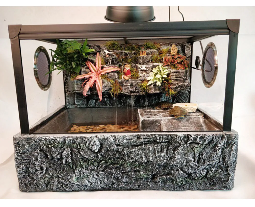 

Vivarium Paludarium Aquarium Turtle Tank with Background UVA Light Basking Platform Rainforest Kit with Brick Pattern Base