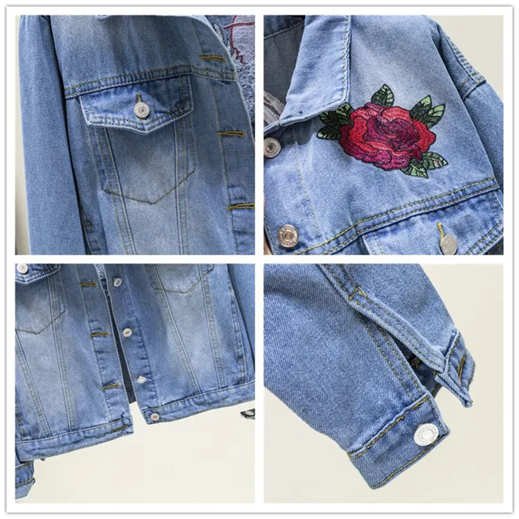 2019 модная женская джинсовая куртка с вышивкой повседневная длинными рукавами и