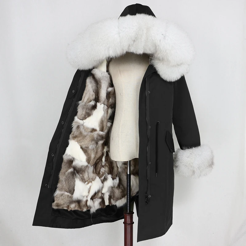 black silver white Водонепроницаемая парка OFTBUY, длинная верхняя одежда, пальто с натуральным мехом, зимняя куртка для женщин, Воротник из меха енота, капюшон, подкладка из лисьего меха, теплая, съемная - Цвет: black silver white