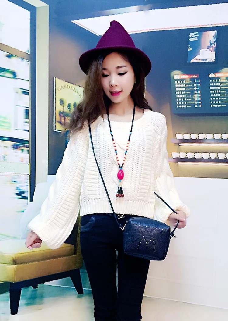 2019 Autumn New Women's Knitting Pullovers Sweater Candy Color Twist Lantern Sleeve O-neck Short Casual Fashion Tops T97620D | Женская