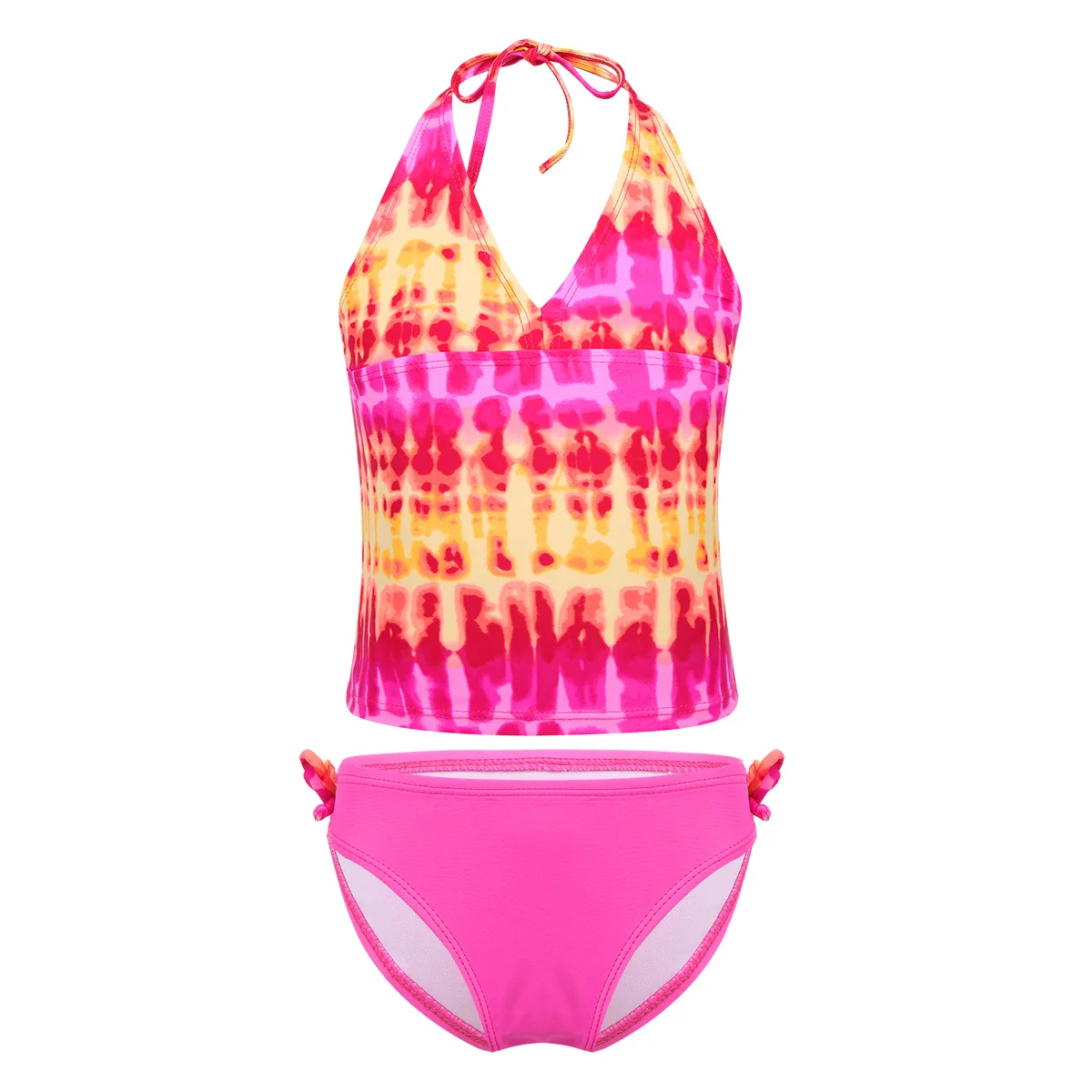 Pink Freebily/детский купальный костюм-танкини из двух предметов для подростков детский купальный костюм Mambo для девочек, топы для плавания с галстуком-бабочкой, трусики, комплект бикини, купальные костюмы - Цвет: Pink