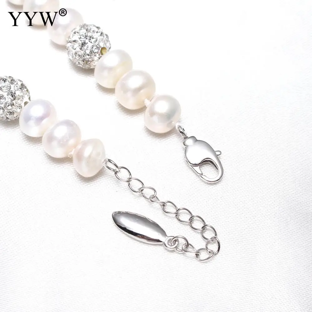 

White Freshwater Cultured Pearl Bracelet 8-9mm Natural Pearl Bracelet Woman Approx 7 Inch Clay Pave Rhinestone Beaded Wristband