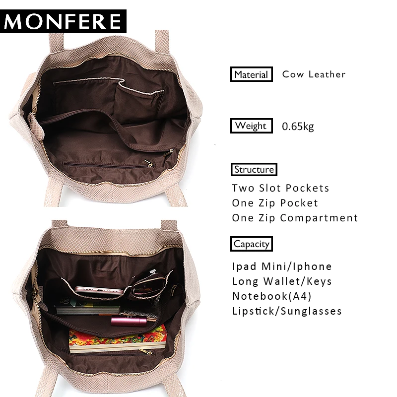 MONFERE сумка из натуральной кожи Для женщин кожаная змеиной большая для покупок s