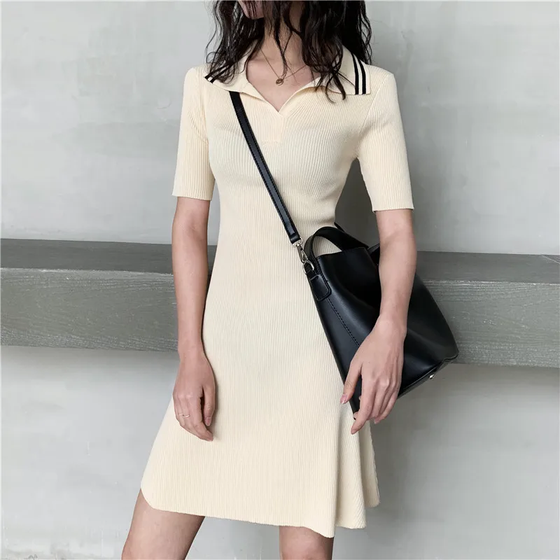 Summer Deep V Tun down Collar A Line Short Dress Casual High Street Women Knitted Dresses Sleeve Elastic Slim Mini Dress|Женские платья|