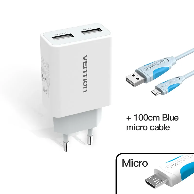Быстрое зарядное устройство Vention 3,0, 2 порта, USB зарядное устройство, 3 А, штепсельная вилка европейского стандарта, белое зарядное устройство для мобильных телефонов XiaoMi, htc, Google, QC3.0, быстрое настенное зарядное устройство - Цвет: Plug Cable 5200 A04S
