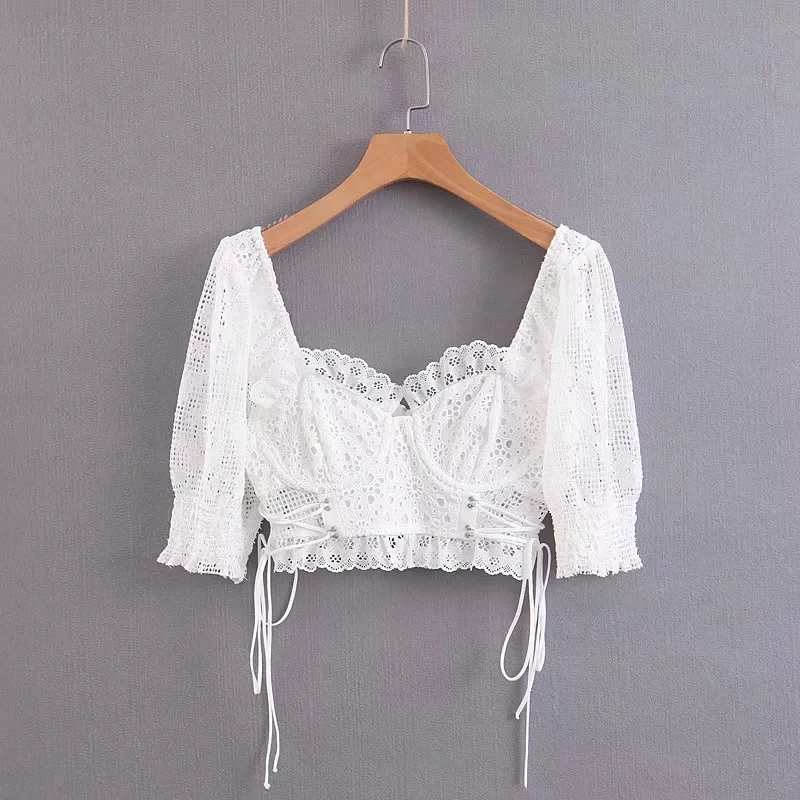Женская милая Шея Broderie структурный топ со шнуровкой на талии кружевная блузка с гофрированной спиной