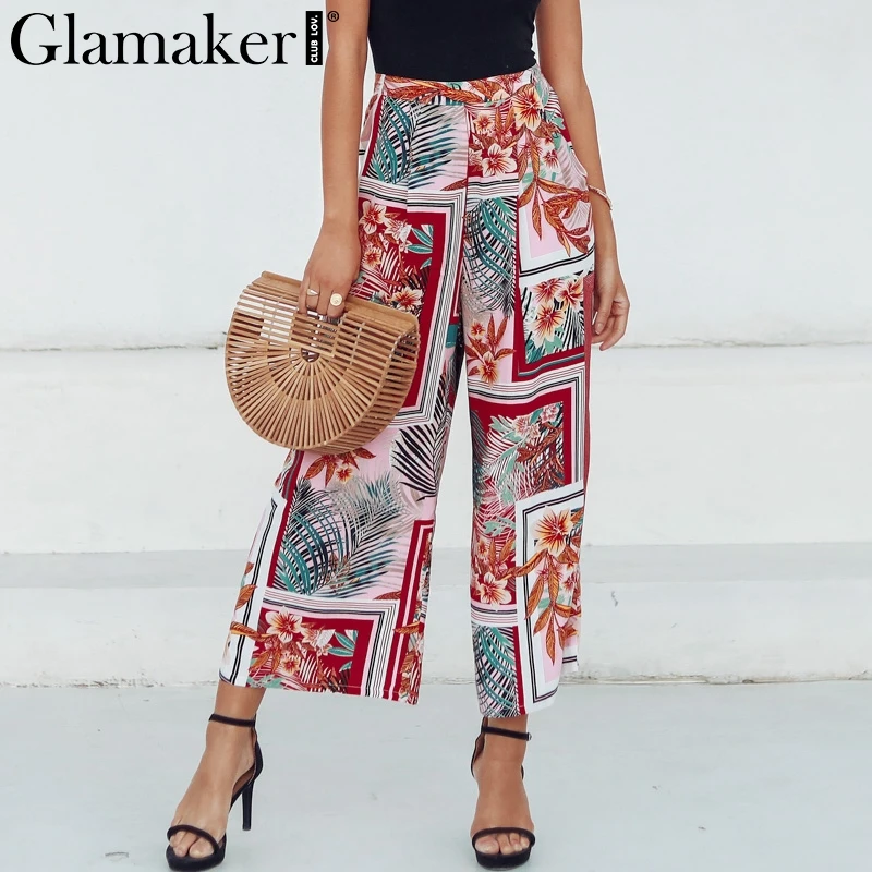 Женские широкие брюки Glamaker летние свободные брюки-Палаццо с цветочным принтом и