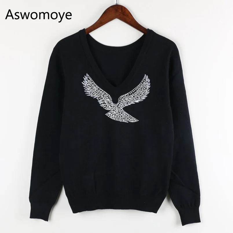 S-XL,, весенние новые модные женские свитера, полный рукав, v-образный вырез, бисер, Орел, алмаз, пуловеры, компьютерная вязка, для торжеств