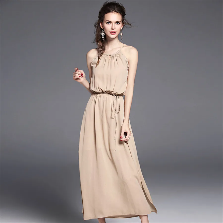2017 высокое качество новый летний Бежевый ремень рукавов жилет платье цвета S XL