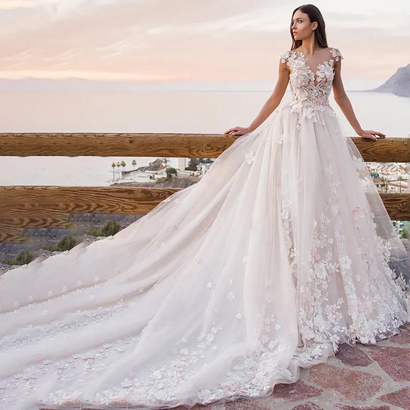 Слоновая кость Swanskirt Flowers Ball Gown Wedding Dress Romantic Appliques backless Beaded Chapel Train Bridal Gown Robe de mariee OZ05 - Цвет: Слоновая кость