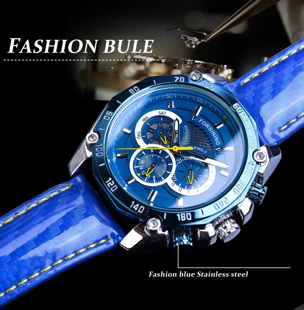 Forsining Blue новые автоматические мужские часы модные скоростные спортивные часы с кожаным ремешком и датой механические часы с большим циферблатом