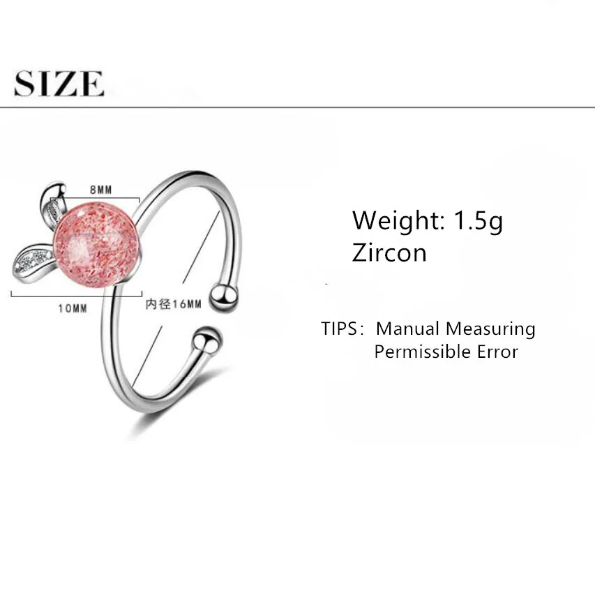 

Fashion Cute Rabbit Strawberry Crystal Zircon Opening Luck Rings For Women 925 Sterling Silver Jewelry Party Gift SAR82