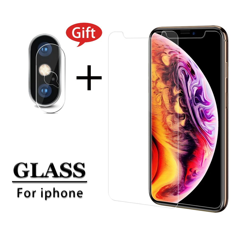 2 в 1 закаленное стекло для iphone 11 pro max X XR XS Max Защита экрана 6 6s 7 8 plus объектива камеры