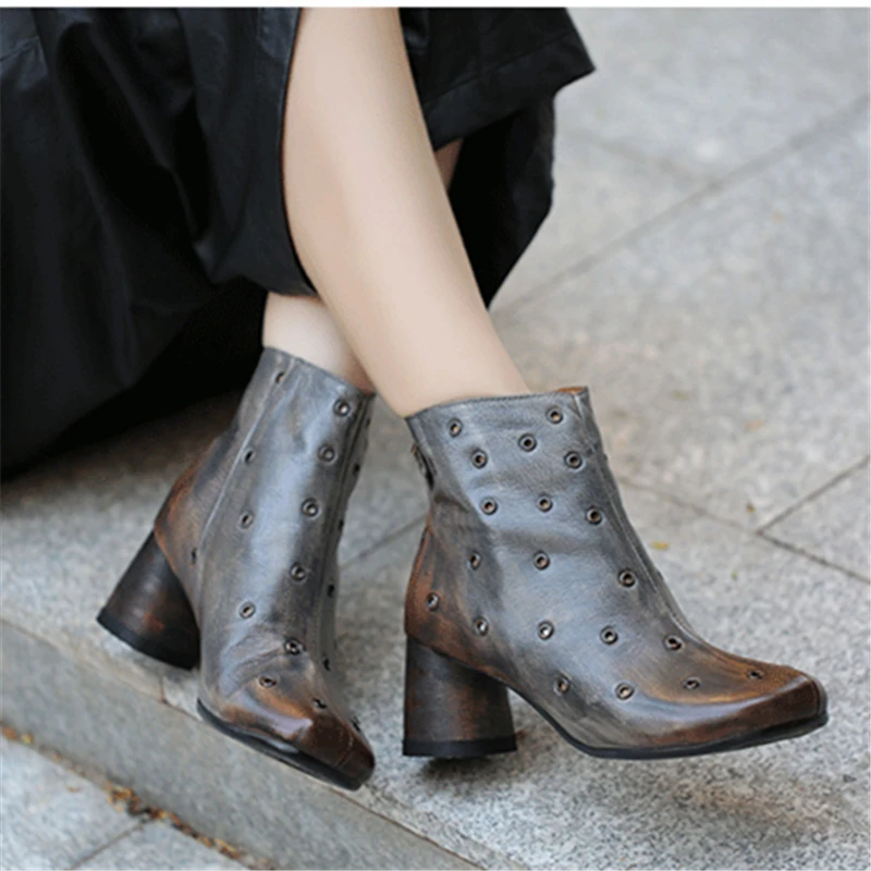 Женские ботинки Martin из натуральной кожи Серые ботильоны на высоком каблуке с