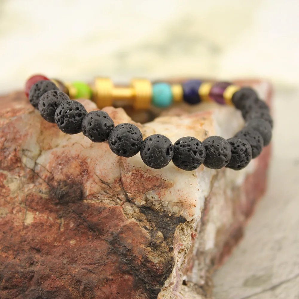 Натуральный черный Лава камень браслет 7 Исцеление чакры в рейки баланс бусины