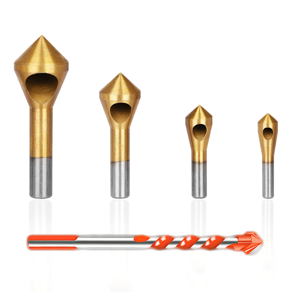 

4 шт. сверла с зенкером для удаления заусенцев конусная фреза для отверстий + 1 шт. 10 мм треугольные сверла для плитки спиральная дрель для керамической кирпичной кладки