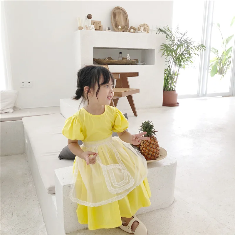 Korean style baby girls fashion solid color puff sleeve princess dress with mesh apron 1-6 years kids all-match long dresses | Детская