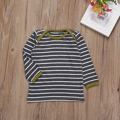 Модная одежда в полоску для малышей футболка маленьких девочек осенние серые
