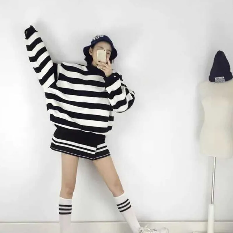 YouGeMan Весна Осень корейский стиль Ulzzang Harajuku полосатый водолазка с длинным рукавом толстовки для женщин повседневные толстовки