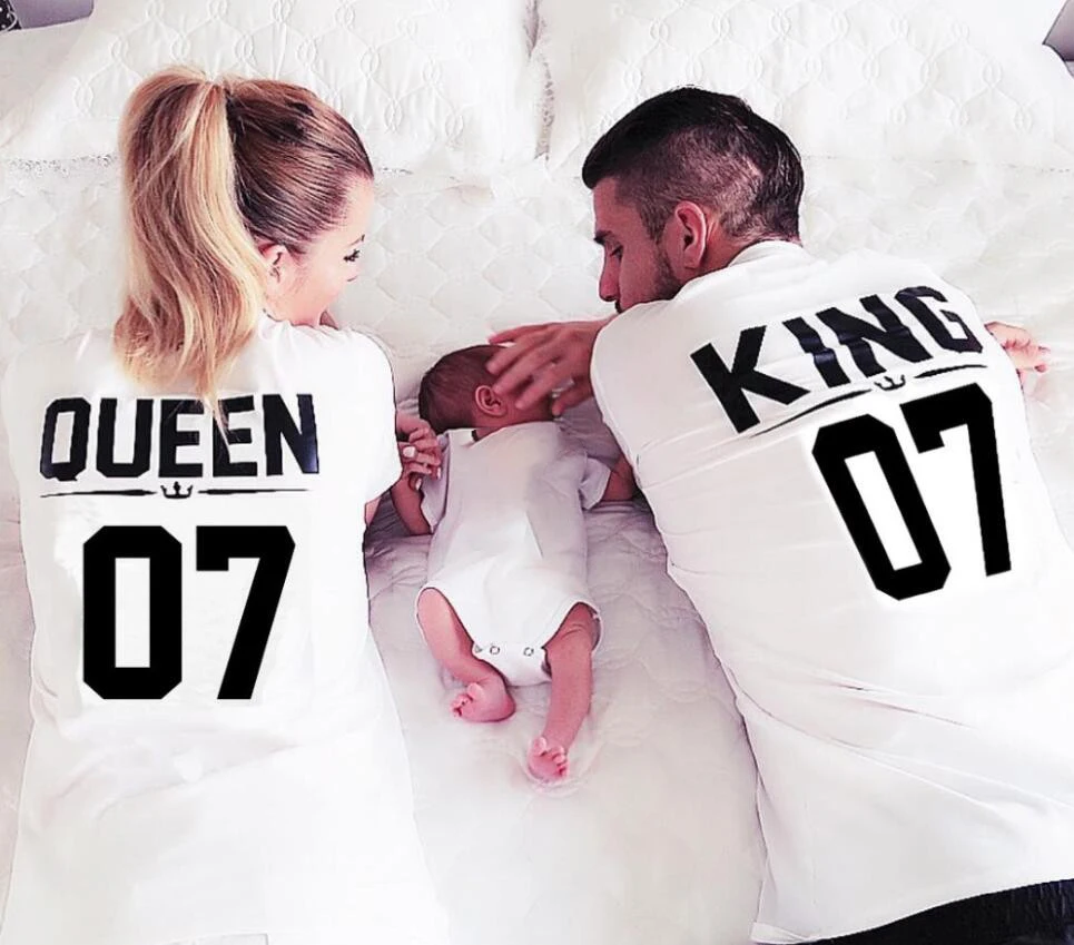 Новинка 100% хлопковая одинаковая футболка King 07 queen принцессы принца с надписью s