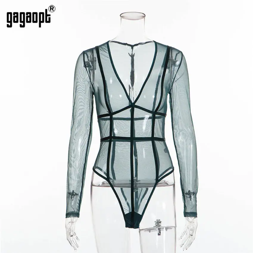 Зеленый Gagaopt, 4 цвета, боди с длинным рукавом, для женщин, модный, из кусков, сексуальный, боди с v-образным вырезом, перспективный, сетчатый, боди, комбинезон, комбинезоны - Цвет: Зеленый