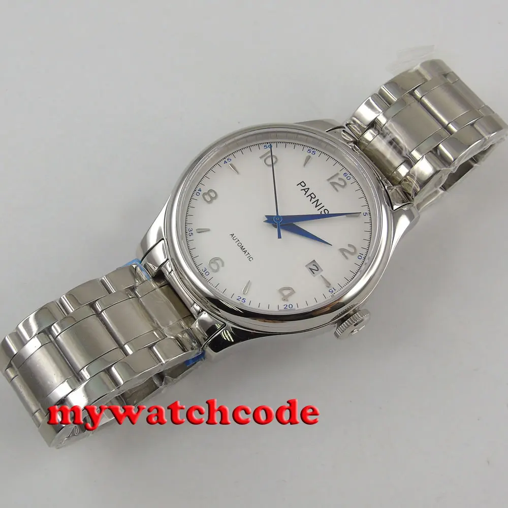 Парниш 38 мм дата с белым циферблатом сапфировое стекло автоматические мужские