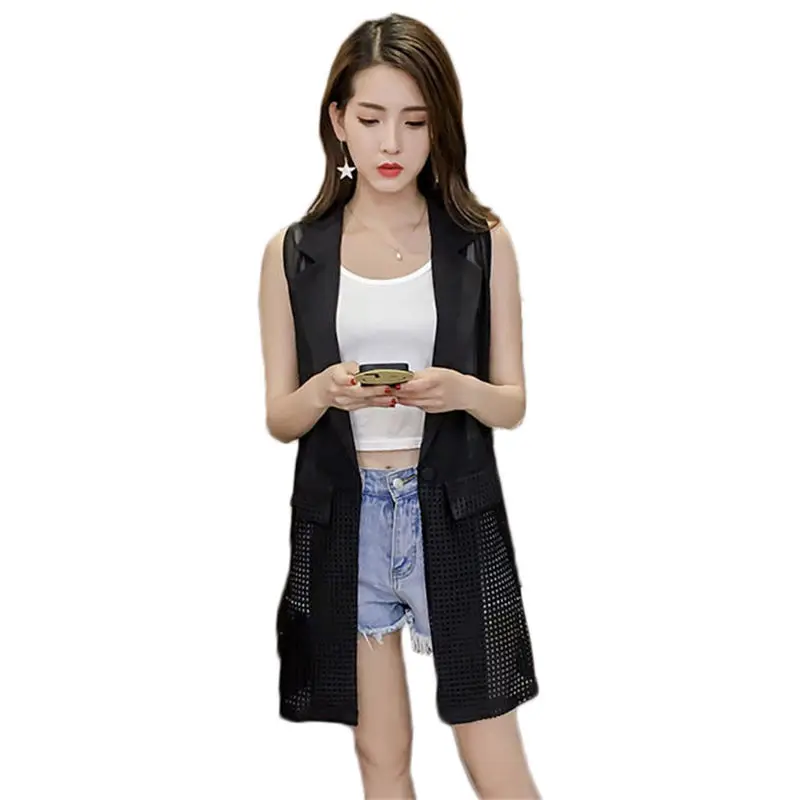 Женский шифоновый ажурный жилет повседневный черный без рукавов модель f543 в
