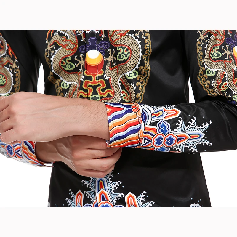 Новая мужская повседневная рубашка черного цвета 3D стерео дракон халат Ретро