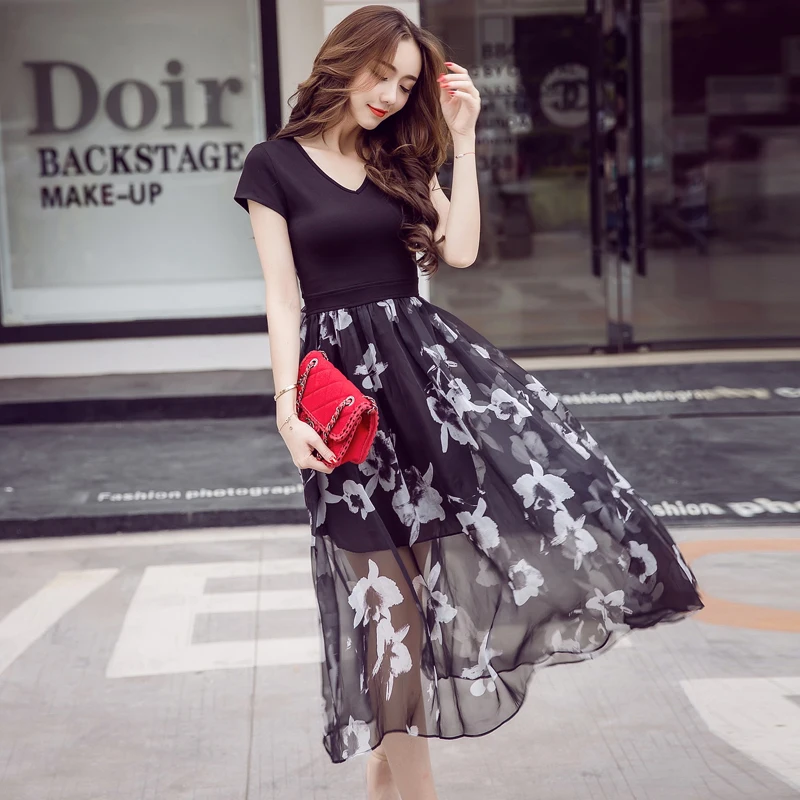 2018 summer new Korean short sleeved V collar slim Fashion Print Dress Chiffon dress female | Женская одежда