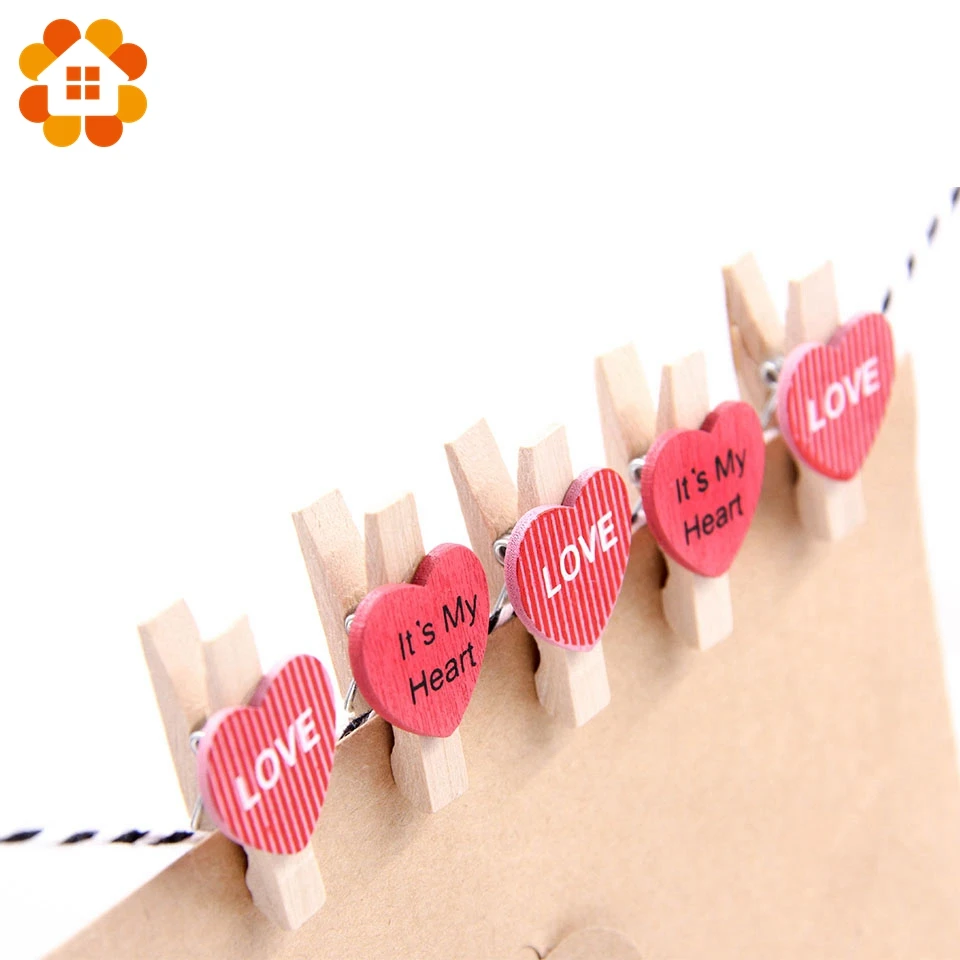 10 шт./лот деревянные клипсы в форме сердца с пеньковой веревкой держатель для