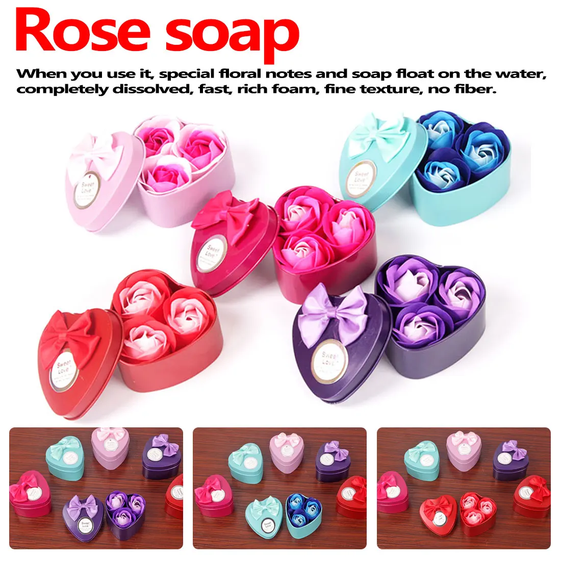 Purple 3Pcs Artificial Flower Rose Soap Flower Heart-Shaped Iron Box Scented Bath Body Petal Rose Small Gift Box