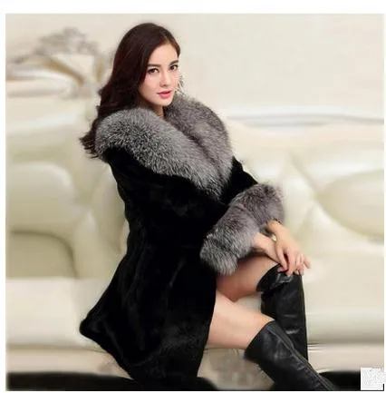Черно-белая женская длинная куртка из искусственного меха норки пальто лисьего