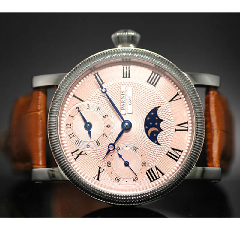 42 мм parnis розовый циферблат SS чехол gmt Moon Phase кожаный ремешок с ручным заводом