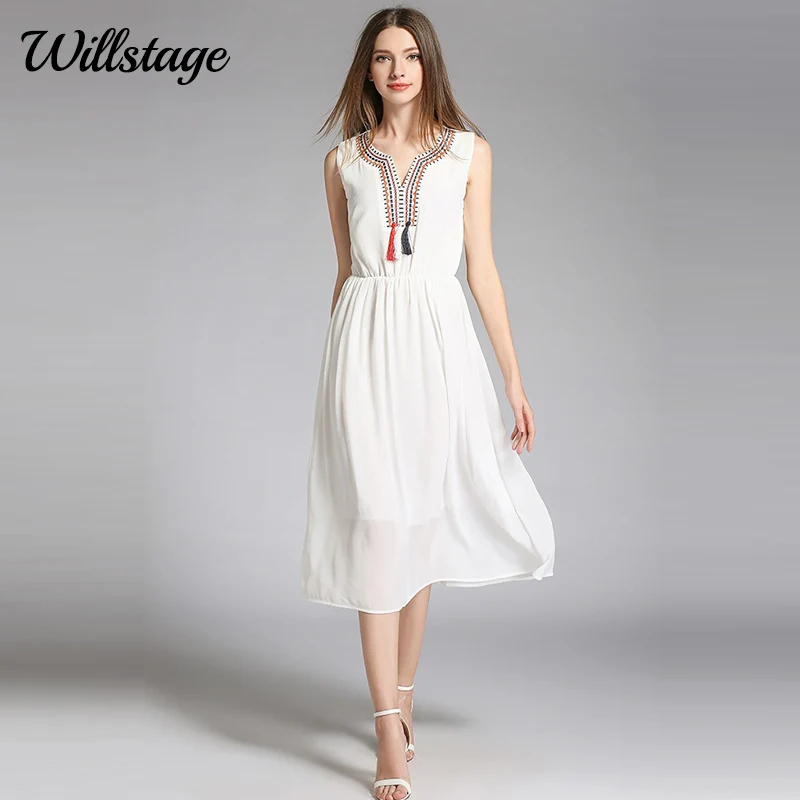 Willstage 2019 summer White chiffon dress Women Bohemian beach Wear seaside resort boho Sleeveless Tassel patchwork | Женская одежда