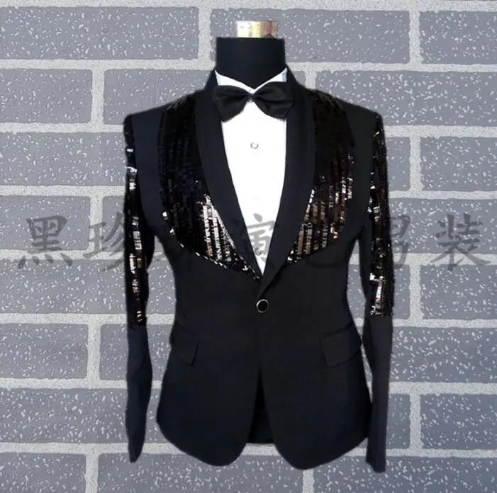 Korean slim men suits designs masculino homme terno stage costumes for singers men sequin blazer dance clothes jacket black