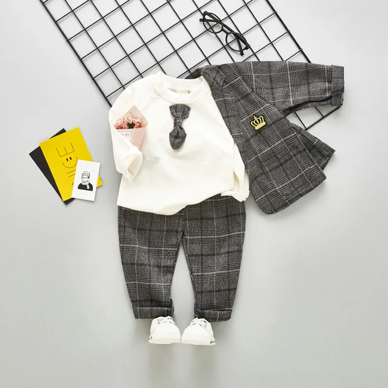 2020 New Spring Baby Boys Clothing Male Children Suits Kid Gentleman Tie Style Coats T Shirt Pants 3PCS/Sets Grid Infant Clothes | Детская