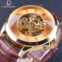 forsining brown minimalist style golden openwork watch mens watches mechanical skeleton wristwatch brown genuine leather clock