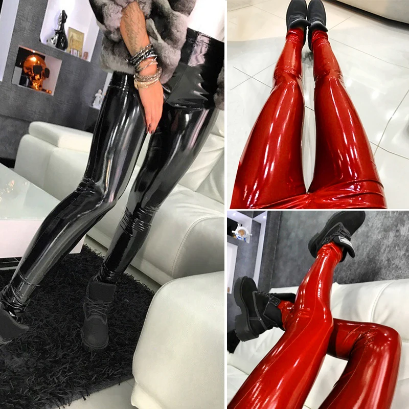 Женские сексуальные узкие брюки из лакированной кожи леггинсы с высокой талией