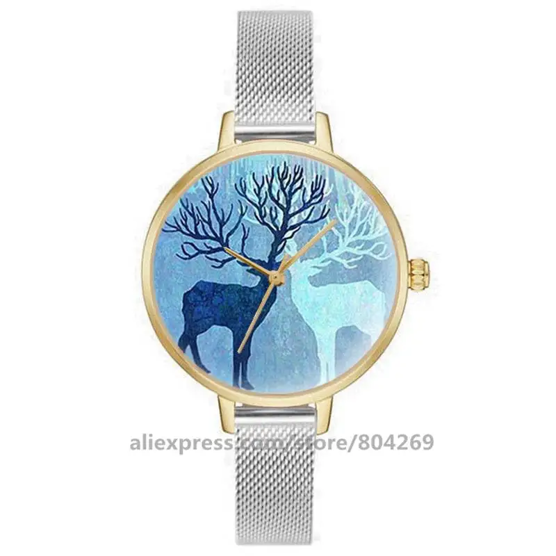 Women's Watch Deer Animal Graphics Watch Steel Belt Quartz Wrist Watch Light Blue Luxury Brand Watch