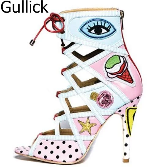 

New Fashion Open Toe Lace-up Ankle Boots Colorful Printed Leather High Heel Sandals Cut-out Strap Women Party Shoes Free Ship