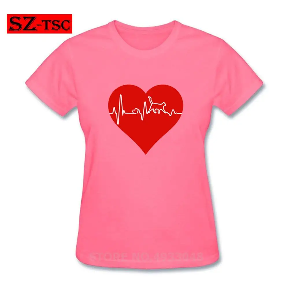 Женские футболки с принтом Love Cat Heartbeat повседневные хлопковые круглым вырезом и