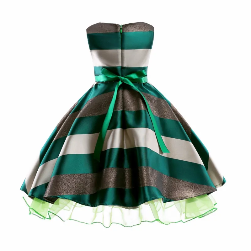 Girl lace bow ball gown dresses children's performance clothing sleeveless striped baby kids party wedding formal dress | Детская