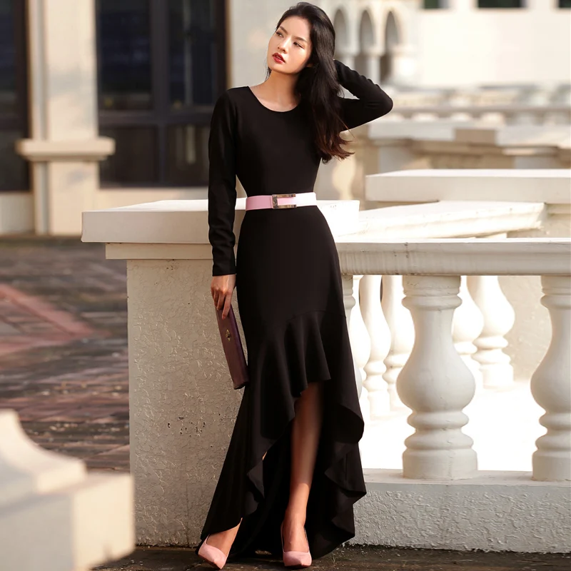 

Women's New Autumn Winter High Waist Long Sleeved Slim Irregular Dovetail Dress Ladies Elegant Asymmetrical Ruffles Dresses