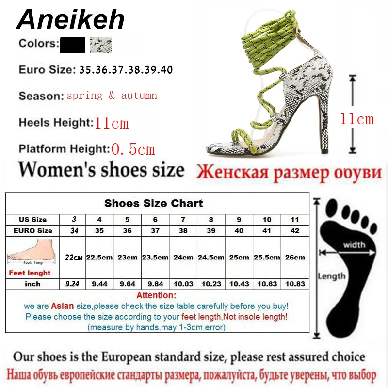 Aneikeh/ г. Новые женские сандали-гладиаторы с острым носком на высоком тонком каблуке со змеиным узором, Дамская обувь Туфли-лодочки на шнуровке офисные черные Size35-40