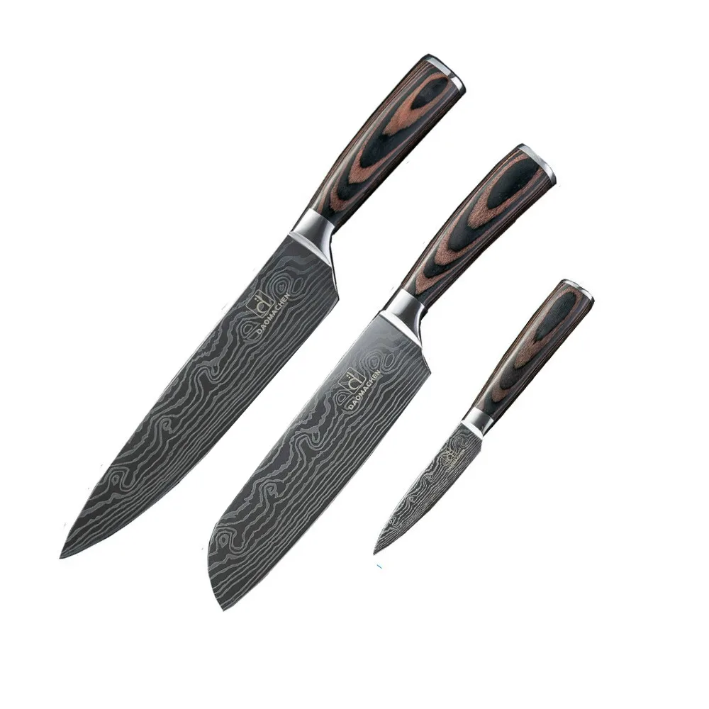 3 pcs-01 Дамасские кухонные ножи, ножи из нержавеющей стали, цветные ножи с деревянной ручкой для очистки овощей, сантоку, нож для нарезки повара - Цвет: 3 pcs-01