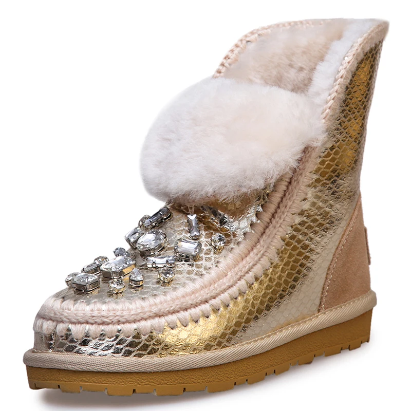 Женщины зимние плоским снегоступы дамы лодыжки меховые горный хрусталь