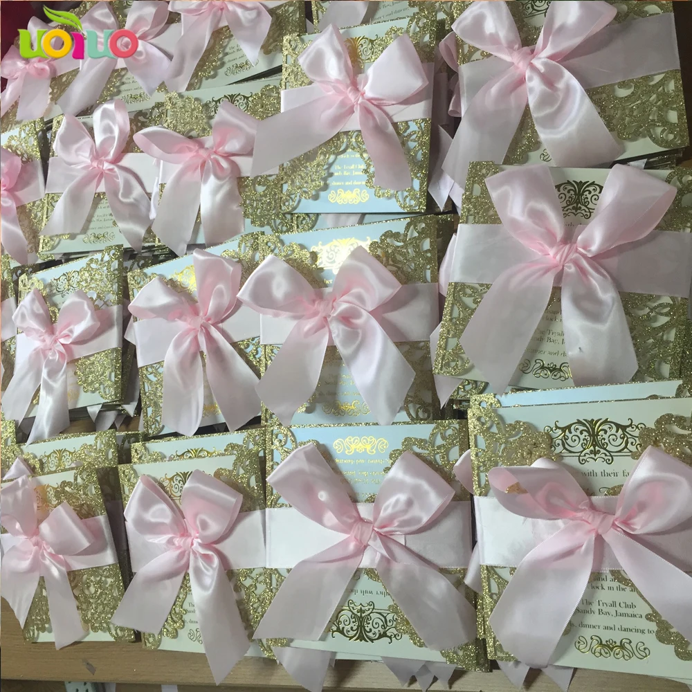 Бесплатный бант своими руками, на заказ 50 комплектов inc43 блестящая золотая лазерная резка, для свадьбы Пригласительные открытки Персонализированная на заказ розовый бант