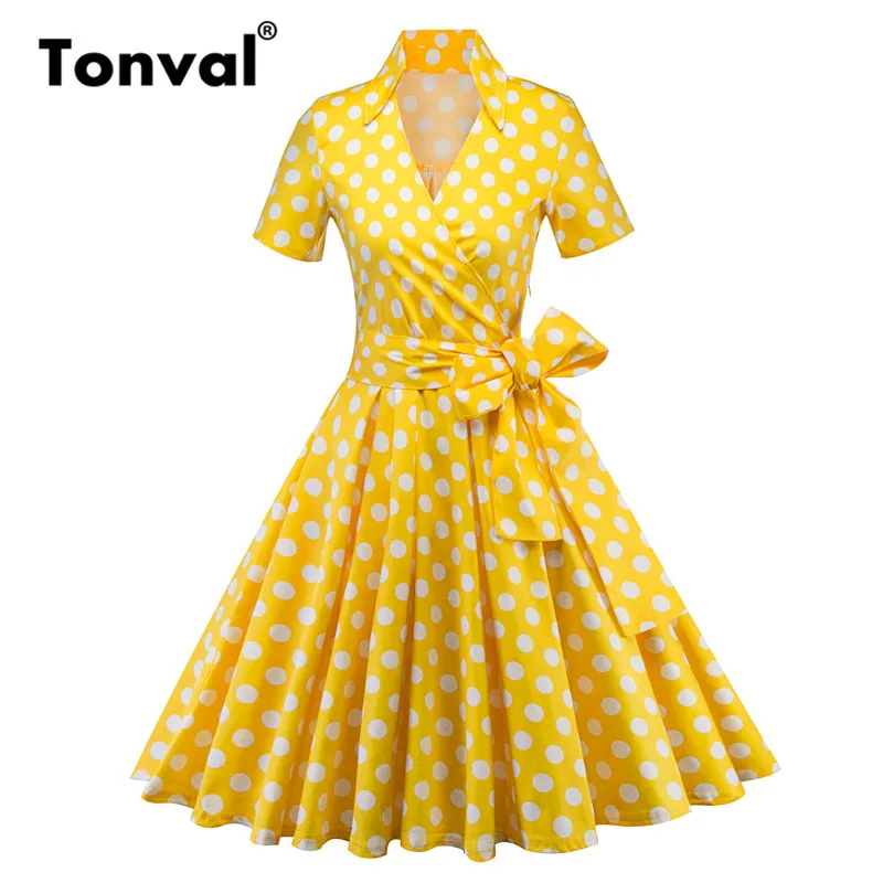 Tonval, Ретро стиль, горошек, рокабилли, желтое платье, для женщин, короткий рукав, v-образный вырез, ТРАПЕЦИЕВИДНОЕ ПЛАТЬЕ, для летней вечеринки, 50 s, винтажное платье