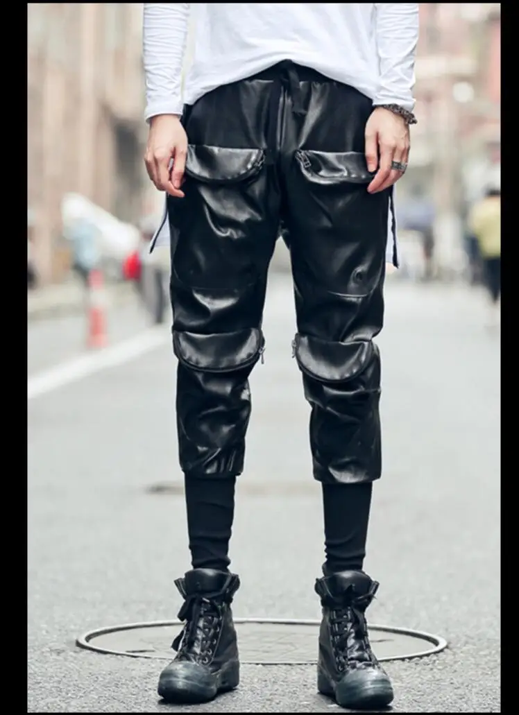 

Hot Winter Men New Slim Skinny Pu Leather Pants Casual Personality Long Patchwork Multi-pocket Trousers Hairstylist Harem Pants